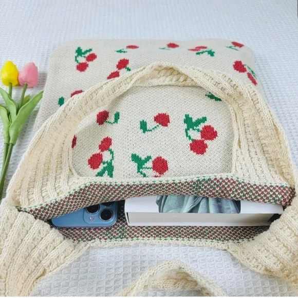 Crotchet Cherry Patterned Cream Tote Bag - Picture 7 of 7